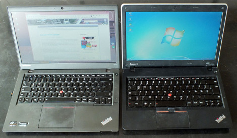 Links Lenovo ThinkPad T431s und daneben ein ThinkPad E325