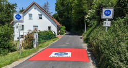 Eine mit einer großen roten Fläche markierte Fahrradstraße. Links der Straße ist ein weißes Haus zu sehen, ansonsten ist die Straße von Bäumen und Büschen gesäumt.