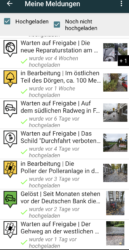 Listenansicht eines Mängelmelders mit gemeldeten Einträgen in unterschiedlichen Bearbeitungsphasen. Einige ältere sind noch nicht einmal freigegeben, während neuere teilweise schon erledigt sind.