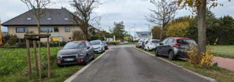 Rechts und links von einer Tempo-30-Zone auf dem "Grünstreifen" parkende Kfz. Einige stehen mit einer Spur auf dem paralellen Gehweg.