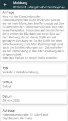 Eine Meldung im Mängelmelder der Stadt zu "falsch" parkenden Kfz an einer Straße.