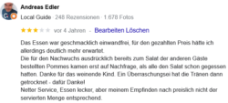 Das Essen war geschmacklich einwandfrei, für den gezahlten Preis hätte ich allerdings deutlich mehr erwartet.
Die für den Nachwuchs ausdrücklich bereits zum Salat der anderen Gäste bestellten Pommes kamen erst auf Nachfrage, als alle den Salat schon gegessen hatten. Danke für das weinende Kind. Ein Überraschungsei hat die Tränen dann getrocknet - dafür Danke!
Netter Service, Essen lecker, aber meinem Empfinden nach preislich nicht der servierten Menge entsprechend.