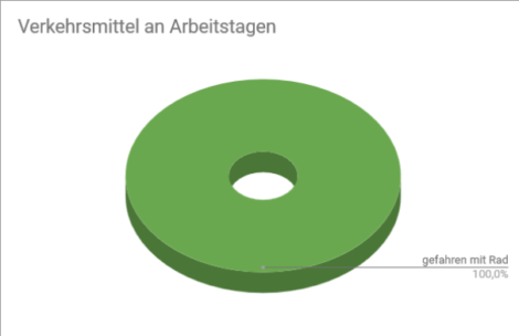 Ein Tortendiagramm der genutzten Verkehrsmittel. Ein durchgängiger grüner Kreis. Nur Fahrrad gefahren.