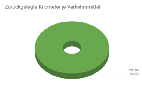 Ein Tortendiagramm zu zurückgelegten Wegstrecken. Komplett grün, keine anderen Tortenstücke. Alle Wege mit dem Rad.