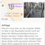 Ein Screenshot des lokalen "Mängelmelders" in welchem im wesentlichen die Punkte aus diesem Blogbeitrag gemeldet sin.