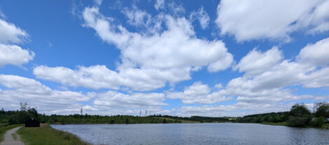 Ein See mit einem Wald am gegenüberliegenden Ufer. Der blaue Himmel ist mit vielen weißen Wolken bedeckt.