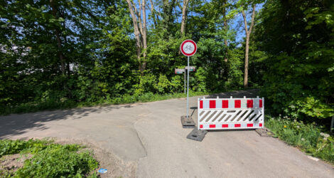 Ein Absperrzaun und ein Durchfahrt-Verboten-Schild stehen halb auf einer T-Kreuzung eines Geh- und Radweges. Im Hintergrund sind Bäume und Büsche zu sehen.
