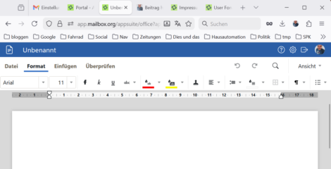 Die Oberfläche einer Textverarbeitung mit leerer Schreibfläche, welche in einem Browser aufgerufen wurde.