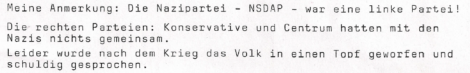 Screenshot eines Briefes aus 2015 an mich: Meine Anmerkung: Die Nazipartei - - NSDAP - war eine linke Partei! Die rechten Parteien: Konservative und Centrum hatten mit den Nazis nichts gemeinsam. Leider wurde nach dem Krieg das Volk in einen Topf geworfen und schuldig gesprochen.