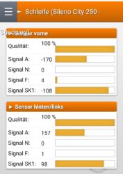 Anzeige eines Teils der Systemsteuerung vom Robonect-Modul eines Rasenmäherroboters, in welchem die Signalqualität der jeweiligen Leit- und Begrenzungsleitungen angezeigt werden.