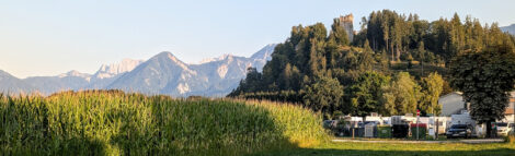 Eine Wiese auf der etliche Wohnwagengespanne geparkt sind vor einem Kleinen Hügel mit einer Burgruine. Im Hintergrund sind die Alpen zu sehen.